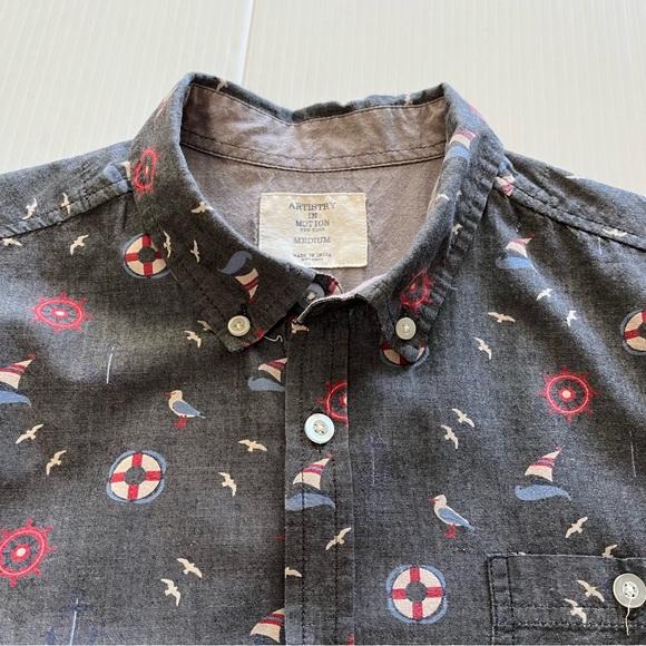 Artistry in Motion Button Down Short Sleeve Shirt Gray Nautical Size Medium - Picture 3 of 9